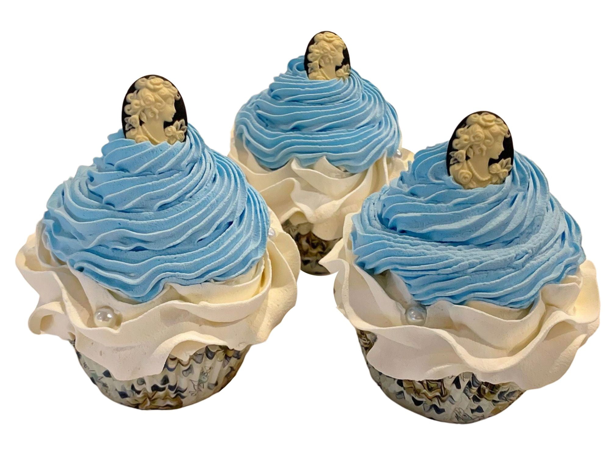 Victorian Cameo Blue Cupcakes Faux Cupcakes Fake for Decoration Set of 3 