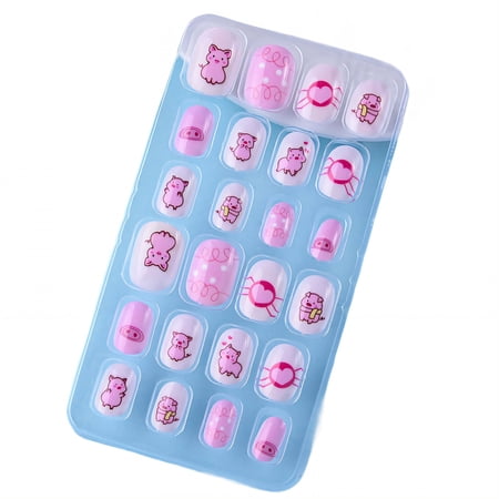 RAGUPEL 24Pcs Press on Nails for Kids,Pink Pig Nails for Kids,Kids Fake Nails with Jelly Glue and Nail Grinding Tools,Style2