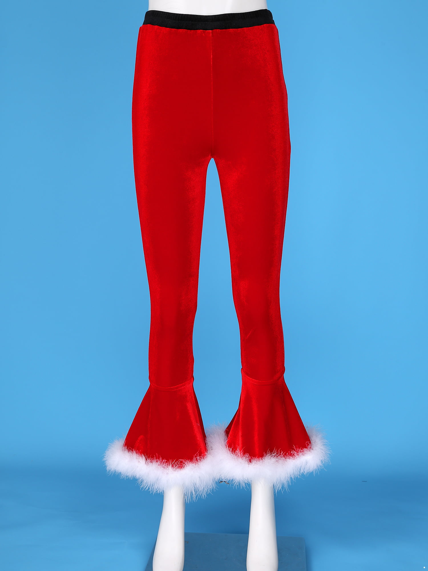 Womens Velvet Flared Pants Christmas Faux Fur Trim Bottoms 70s Disco  Trousers