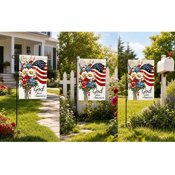 erdimoy God Bless America Floral American Flag Garden Flag, 12×16 Inch Double Sided 4th of July Patriotic Yard Flag for Independence Day Outdoor Lawn Patio Decor