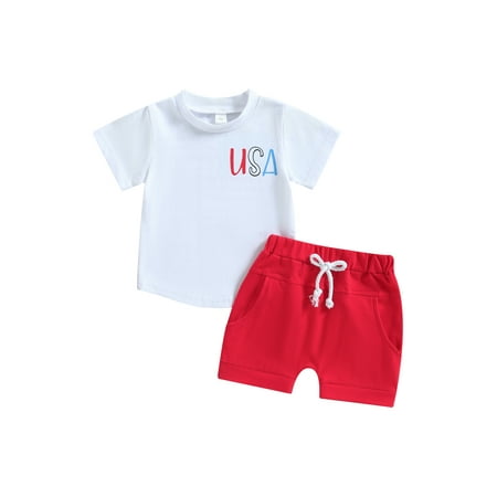

Bagilaanoe 4th of July Clothes for Toddler Baby Girls Boys Letter Print Short Sleeve T-Shirts Tops + Shorts 6M 12M 18M 24M 3T 4T Kids Independence Day Outfits 2pcs Short Pants Set