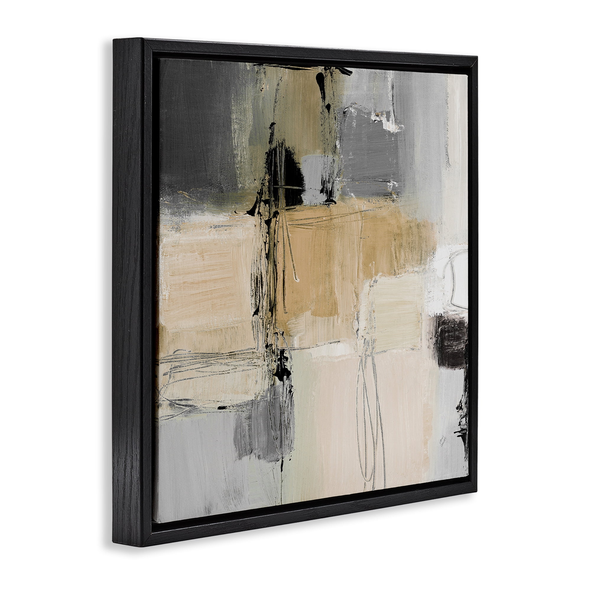 Stupell Industries Tan & Grey Rustic Collage Abstract Painting Black Floater Framed Canvas Art Print Wall Art, 18 x 18