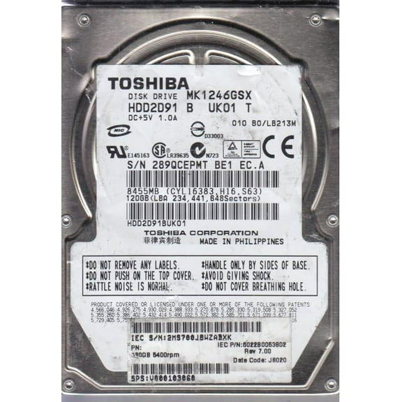 MK1246GSX, B0/LB213M, HDD2D91 B UK01 T, Toshiba 120GB SATA 2.5 Hard Drive