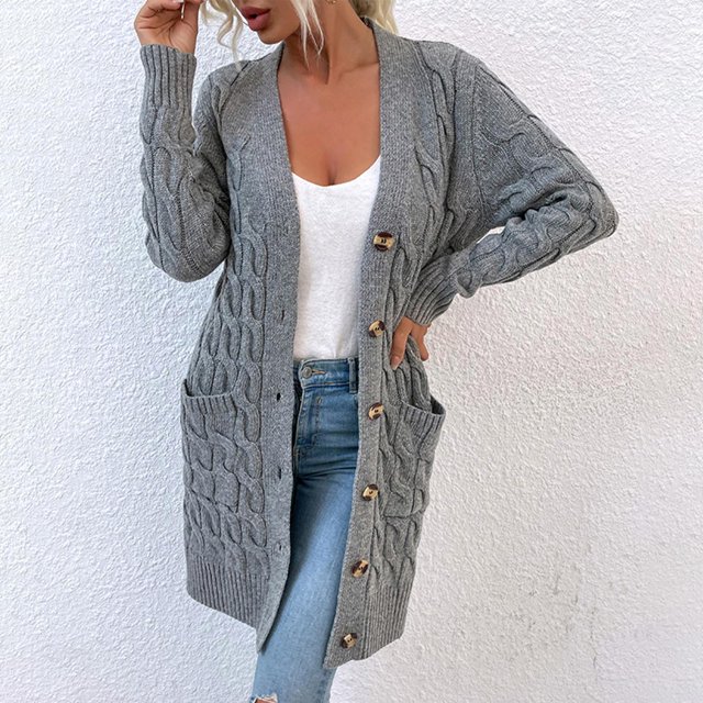 Cárdigan para mujer Suéter Mujer Suéter de manga larga de moda con frente abierto con botones y bolsillos Suéteres de punto Cárdigan para mujer Gris oscuro L BLESIY Chaqueta de punto