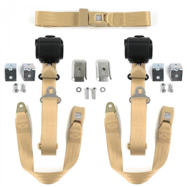 Standard 3 Point Tan Retractable Bench Seat Belt Kit with Bracketry & 3 Belts for 19421947 Ford