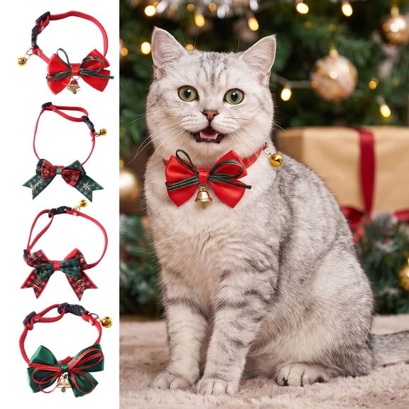 Rodiuiu Christmas Bow Pet Collar, Adjustable Cat Collar with Bow And Bell, Plaid Print Pet Collar for Cats, Small Dogs, Holiday Wear