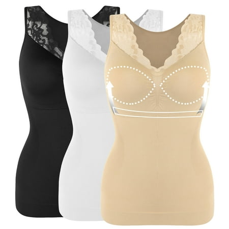 

MANIFIQUE 3 Packs Women s Seamless Lace Shapewear Tops with Built-in Padded Bra V-Neck Shaping Camisoles