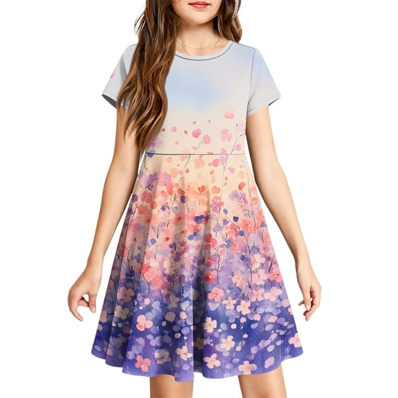 Grblisyd Girls Summer Dress Casual Cute Floral Print Short Sleeve Dresses Girls Crew Neck Sundress 7-8 Years