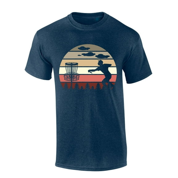 Mens Disc Golf Tshirt Retro Scenic Disc Golf Throwing Short Sleeve T-shirt-Heather Navy-large
