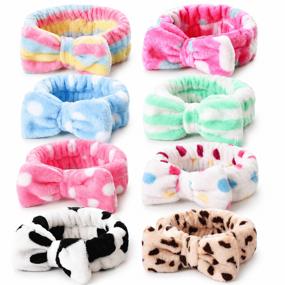 "8 Pack Spa Headband,Coral Fleece Makeup Headband Cosmetic Headband for Washing Face,Bow Headbands for Shower Terry Cloth Headbands for Women Facial Hair Band - Pink red dots"