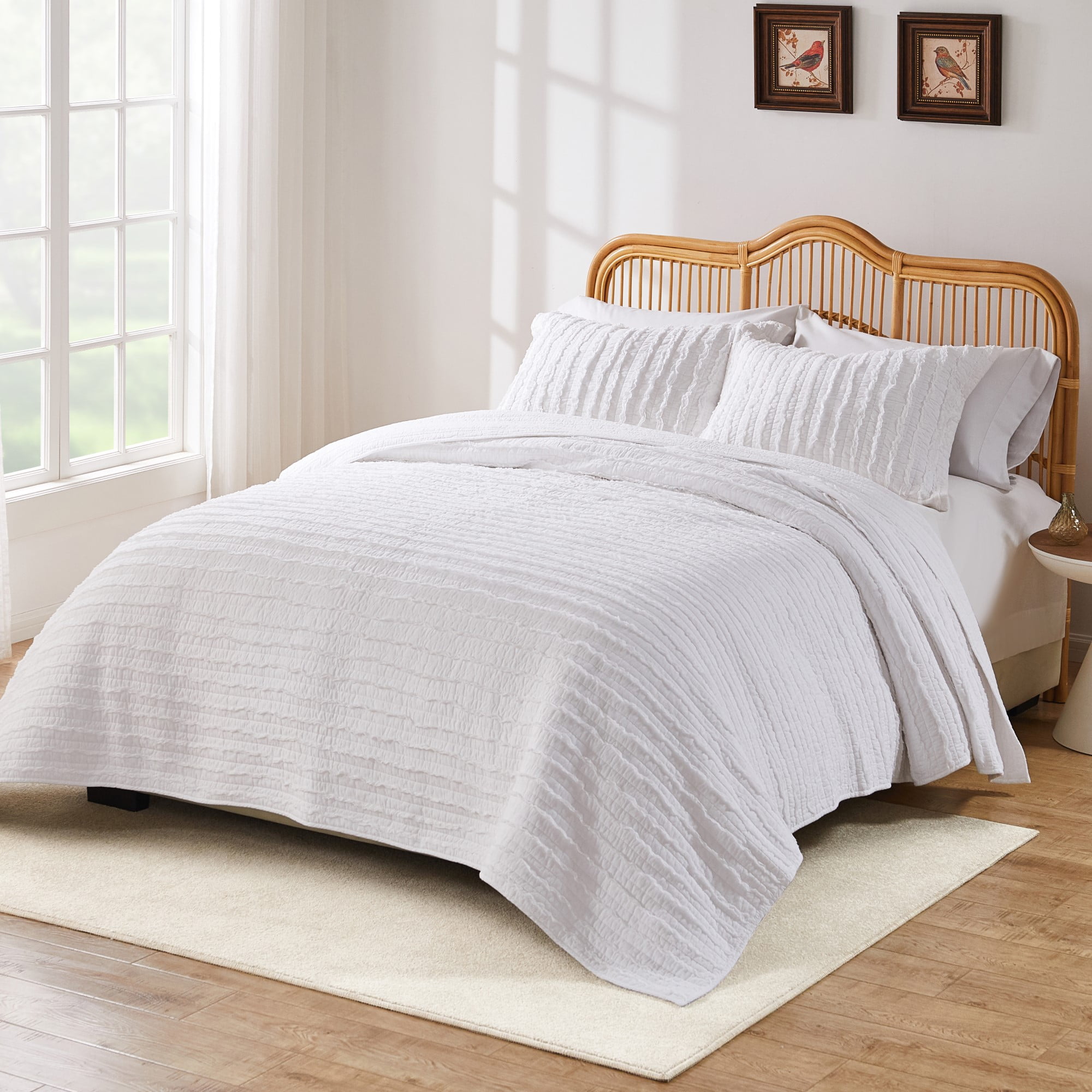 Greenland Home Ruffled 100% Cotton Quilt Set, White Basic Coordinate, 3-Piece King/Cal King