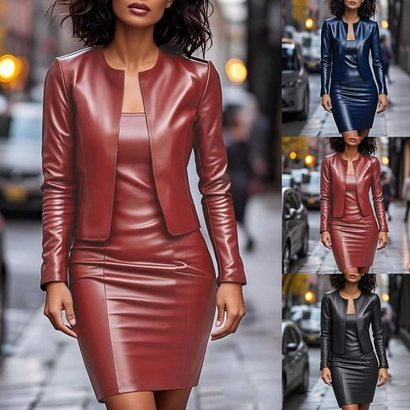 Zedker Women Formal Business Dress Set Two Piece Faux Leather Blazer Jackets Bodycon Mini Dress