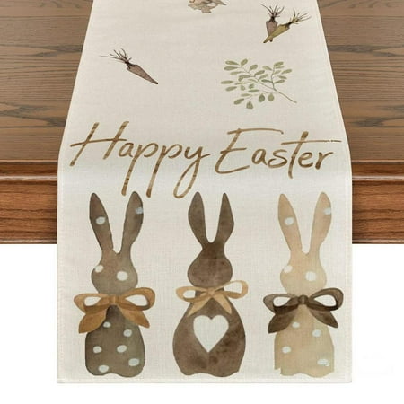 

Easter Table Runner | Linen Easter Table Runner Decorations 72x13 Inches | Easter Dinner Party Supplies Tabletop Decor Printed with Faceless Gnomes Easter Eggs Bunnies Flowers