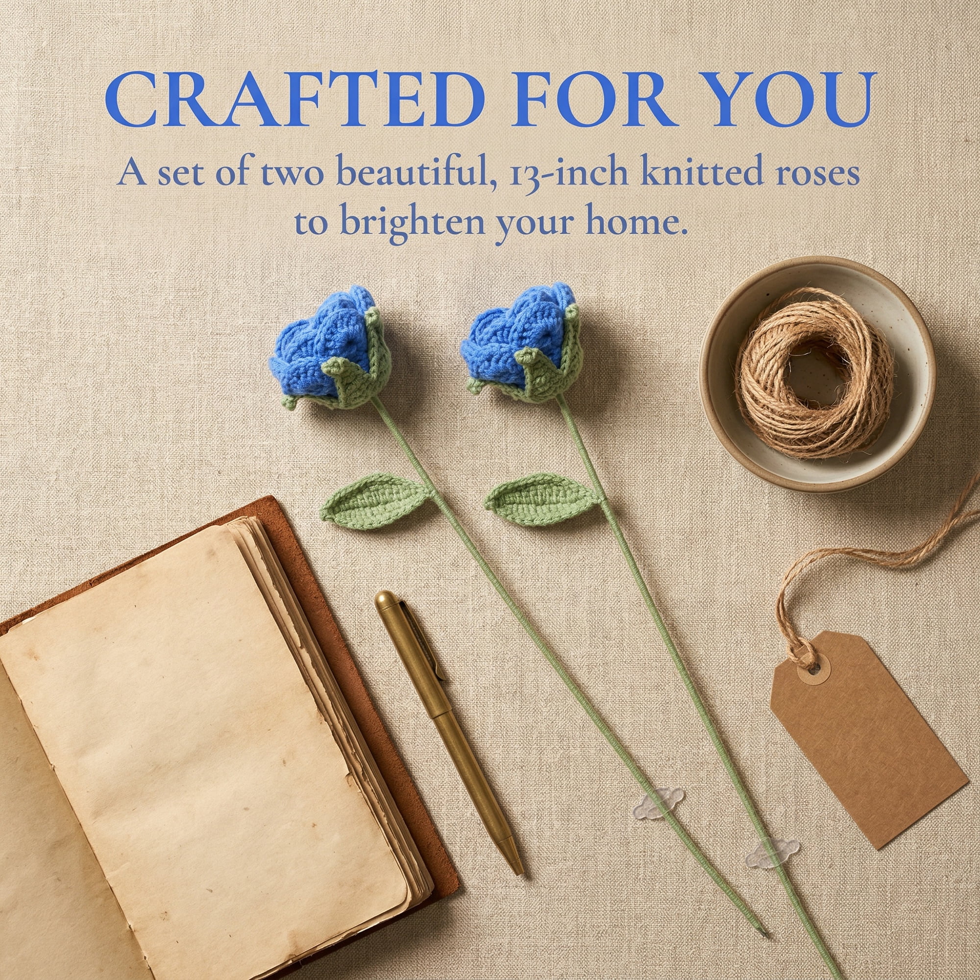 Unique Bargains 4Pcs Handmade Crochet Long Stem Realistic Fake Roses Dark Blue Pink 13in