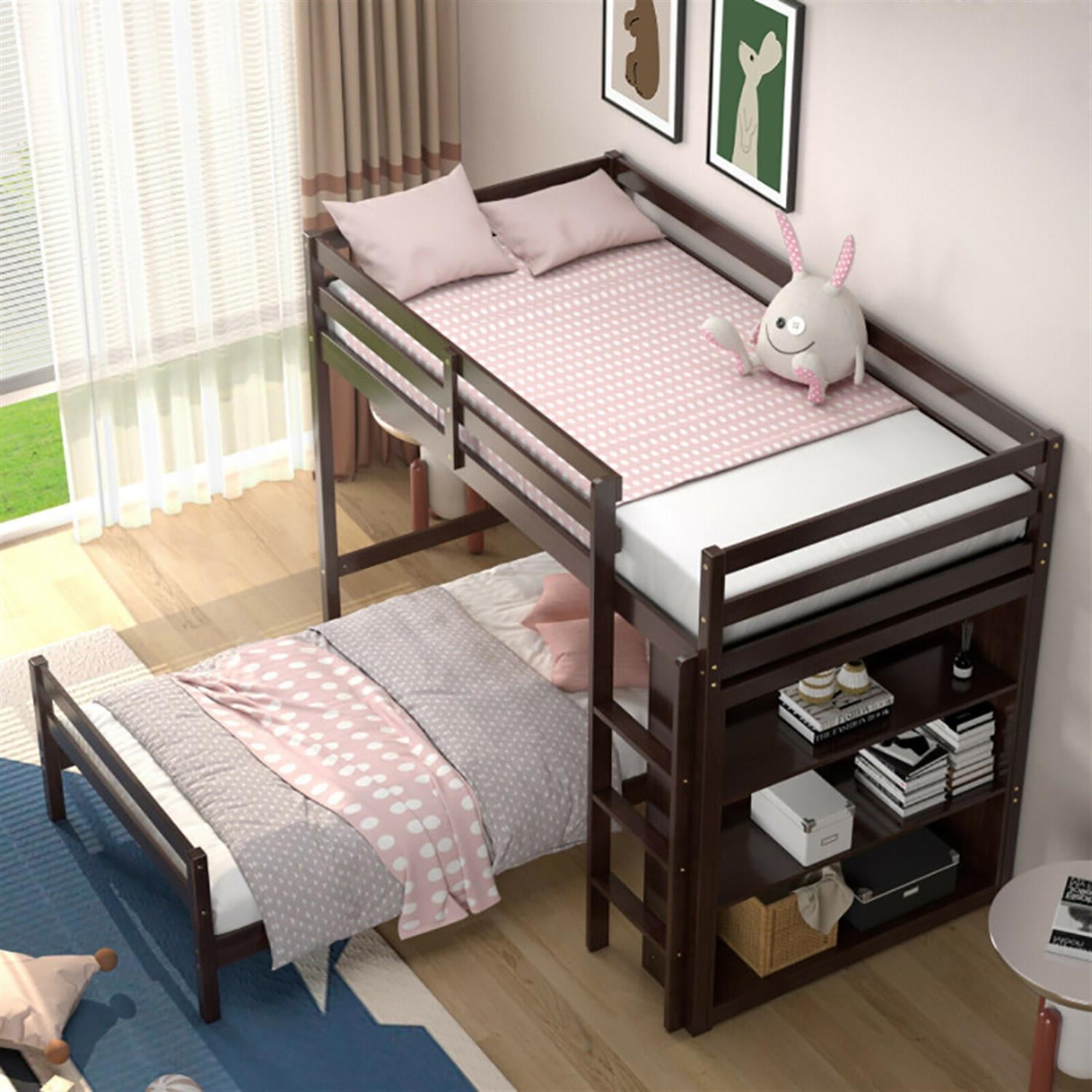 Demi Bonn Twin Over Twin Loft Bunk Bed with Bookcase, Space-saving Solid Wood House Bed Frame, Brown