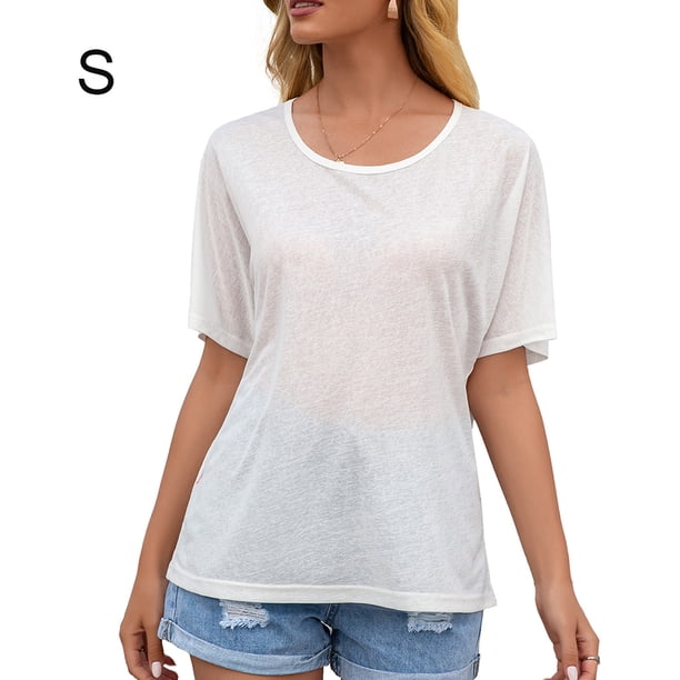 Camiseta de mujer de manga corta con cuello redondo Sexy Hollow Summer Top suelto, blanco, S Methold AP001234-01