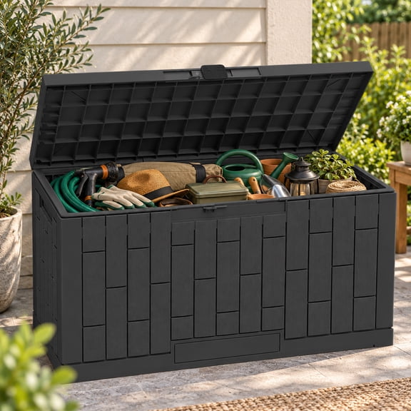 CuFun Outdoor Storage Box, 60 Gallon Waterproof Resin Patio Deck Box with Gas Strut, Lockable Lid & Hidden Handles for Patio, Deck & Poolside