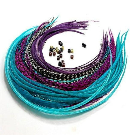 Sexy Sparkles Feather Hair Extensions, 100% Real Rooster Feathers, Long Violet, Purple, Blue Colors, 20 Feathers with 20 Beads and Loop Tool