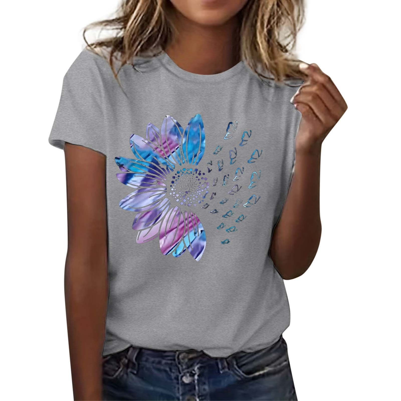 WEIYLL T-Shirts pour Dames Imprimé Lettre Manches Courtes Col Rond Blouse Grise Tailles P