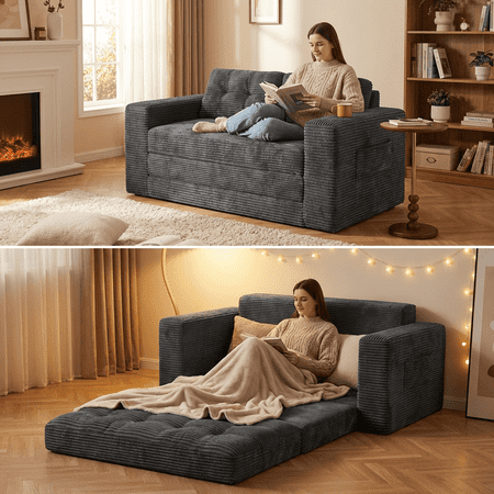 Corduroy Convertible Sleeper Sofa Bed, Loveseat Couch with Storage Pockets & Pillow for Small Spaces, No-Assembly Floor Sofa for Living Room Bedroom Apartment, Dark Gray