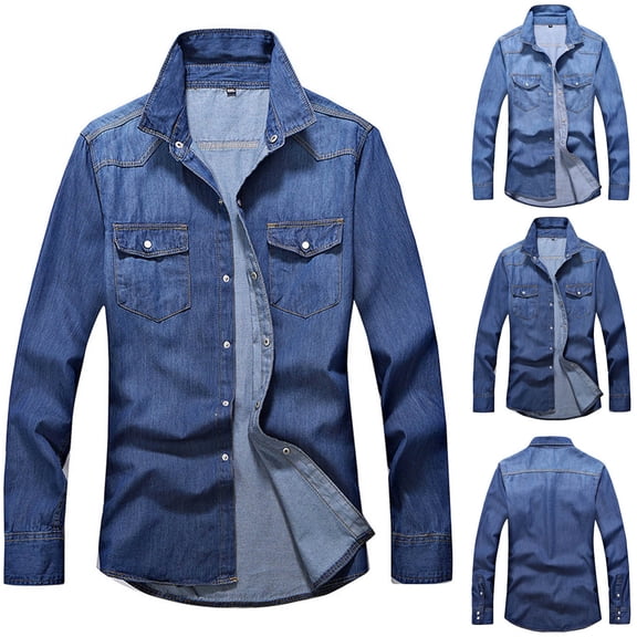 Miluxas Denim Shirt Men Long Sleeve Button Down Jean Workwear Wrinkle Free Shirts Turndown Collared Regular Fit with Flap Pocket Light Blue