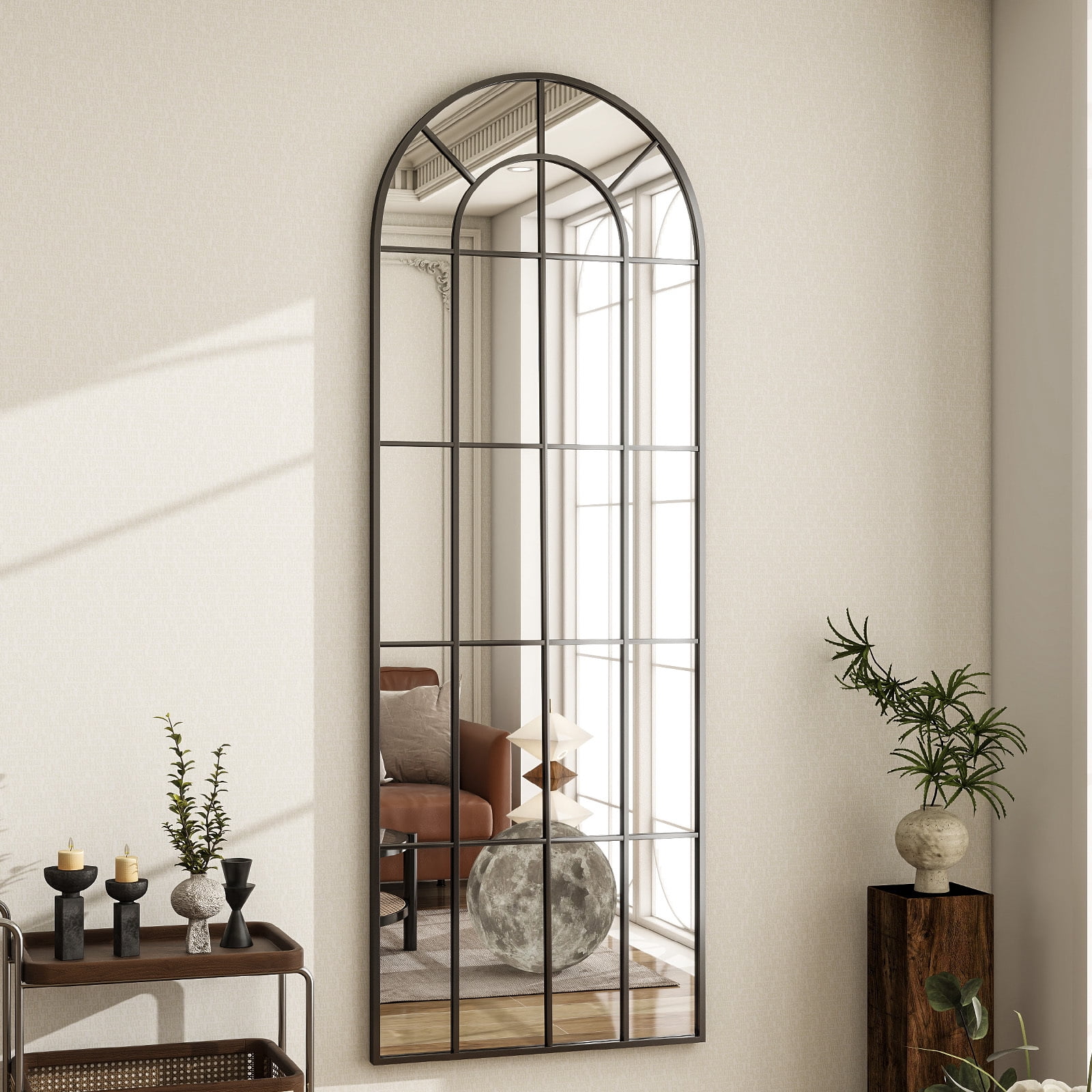 Anyrose 65"x 24" Floor Full Length Mirror, Large Arch Window Pane Mirror, Wall Mounted Mirror, Black
