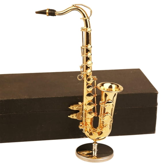 Dselvgvu Saxofón miniatura de cobre con soporte y estuche Mini instrumento musical miniatura casa de muñecas modelo mini saxofón alto saxofón tenor decoración del hogar (saxofón tenor 6.22 x 3.07 x 1.