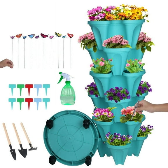 1 Pack 6-Tier Stackable Vertical Planter Tower with Wheels & Tools – Indoor/Outdoor Pots for Strawberries, Herbs, Flowers (Teal)