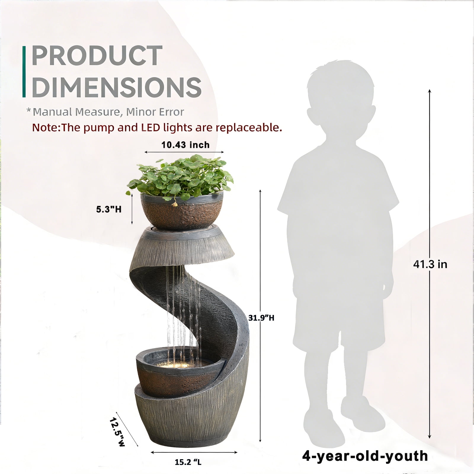 Freestanding S-Curve Waterfall Fountain Outdoor Garden Patio Decor with Planter