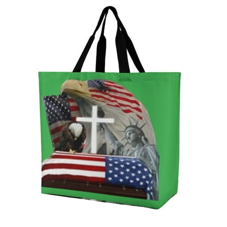 Eagle Statue of Liberty Flag Cross T-shirt Women s Casual Shoulder Bag Shopping Bag Lady Handbag Eco Reusable Large Tote Shopper Storage Bags