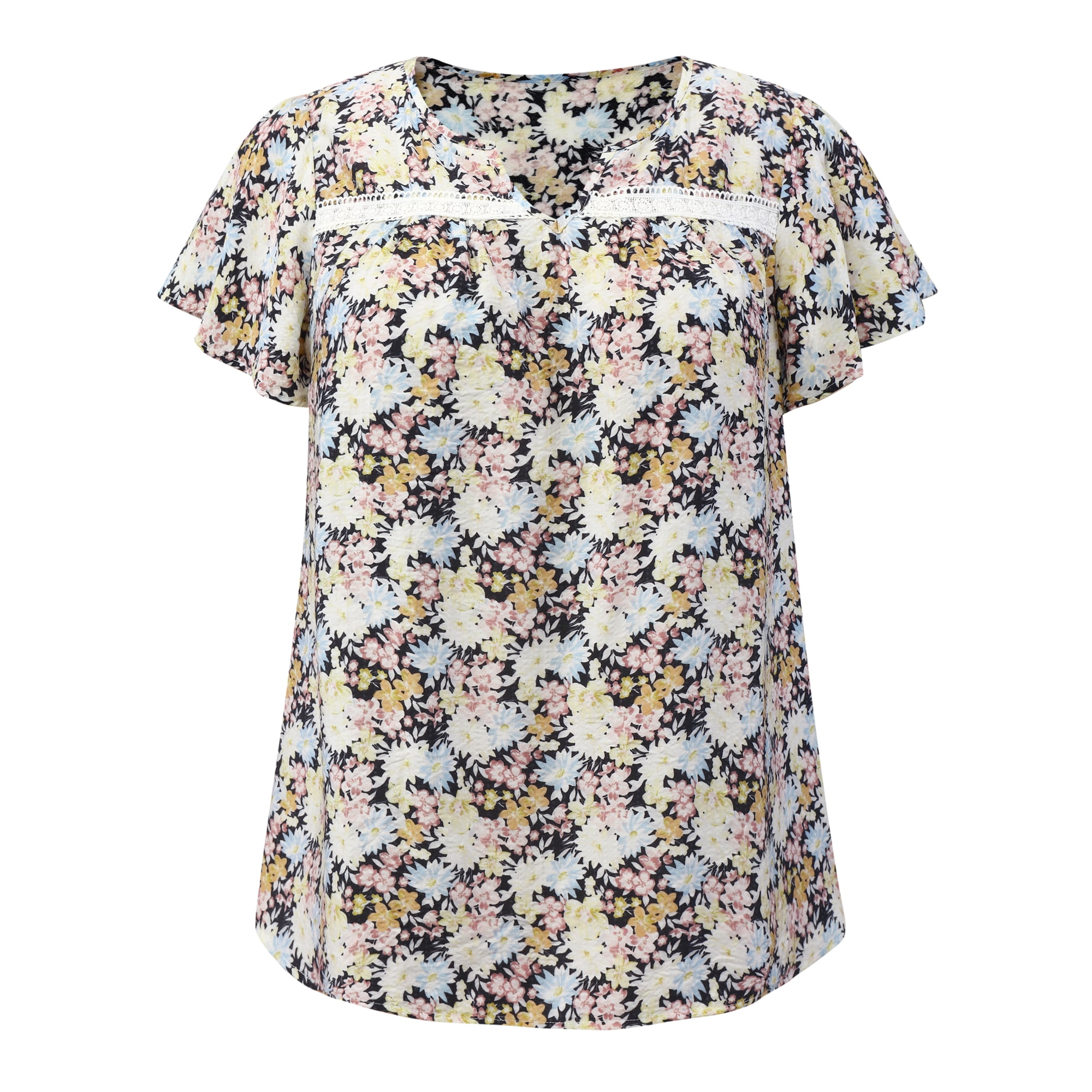 DARING DIVA Women's Plus Notch V Neck Ruffle Sleeve Floral Top 3X Black
