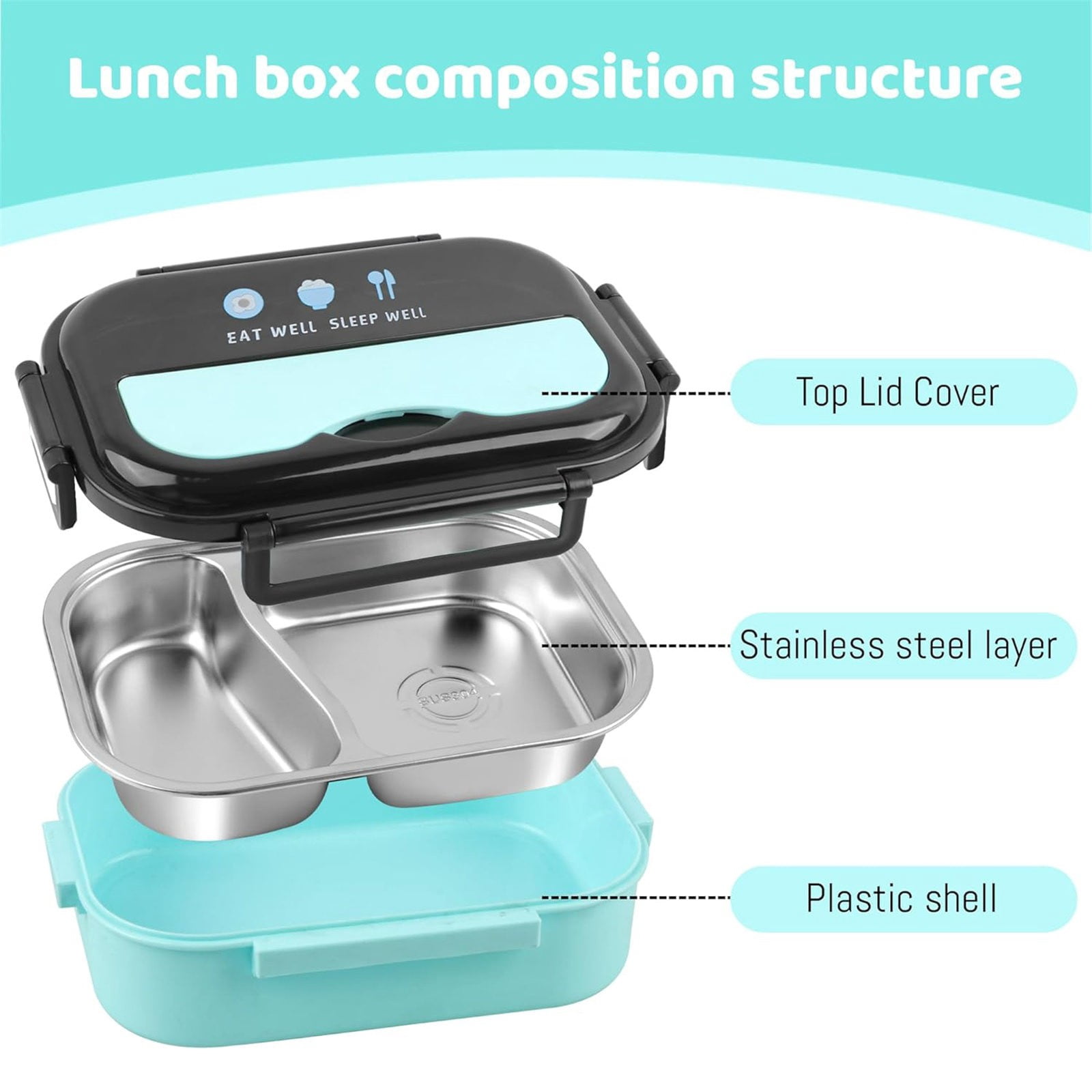 WMGHA Stainless Steel Leakproof 2-Compartment Bento Lunch Box/Portion Control Food Container with Chopsticks Spoon, BPA Free,Insulated Partitioned Bento Box for Adults,Men,Women,1000ml/34oz