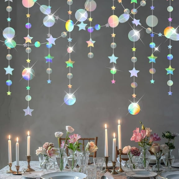 Iridescent Party Star Circle Dot Decoration 3 Pcs 13ft Iridescent Hanging Garland Streamer Holographic Twinkle Garland Glitter Star Bunting Banner Backdrop for Wedding Baby Shower Xmas Party Decor