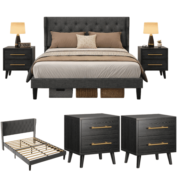 Noelse 3-Piece Bedroom Furniture Set, Queen Size Bed Frame with Upholstered Headboard & 2 Nightstands, Under Bed Storage, Noise-Free, Gray and Black