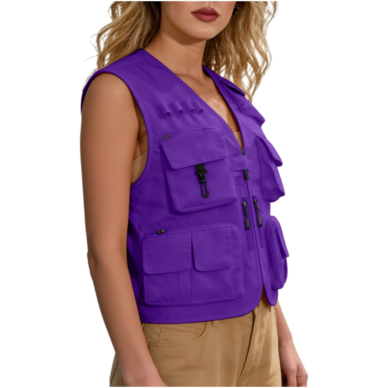 ZGRBOU Women's Casual Lightweight Outdoor Work Vests Multi Pockets Zip up Cargo Tops Safari Travel Photo Cargo Jacket