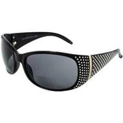 Global Vision Galaxy 2 Bifocal Sunglasses Gloss Black Frames Chrome Rhinestone Look 2.0x Magnification Smoke Lenses