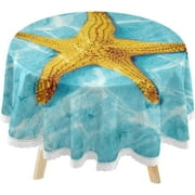 SKYSONIC Starfish Blue Water Round Tablecloth 60inch Indoor Wrinkle Free, Summer Ocean Circular Lace Table Cover Washable for Kitchen Party BBQ Dining Decor