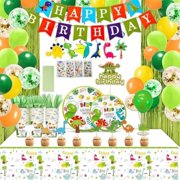 320 Pcs Dinosaur Birthday Decorations, Dinosaur Birthday Party Supplies - Disposable Dinnerware Set with 25 Guest, Balloons, Banner, Fringe Curtain, Cake Toppers, Hanging Swirls, Tablecloth
