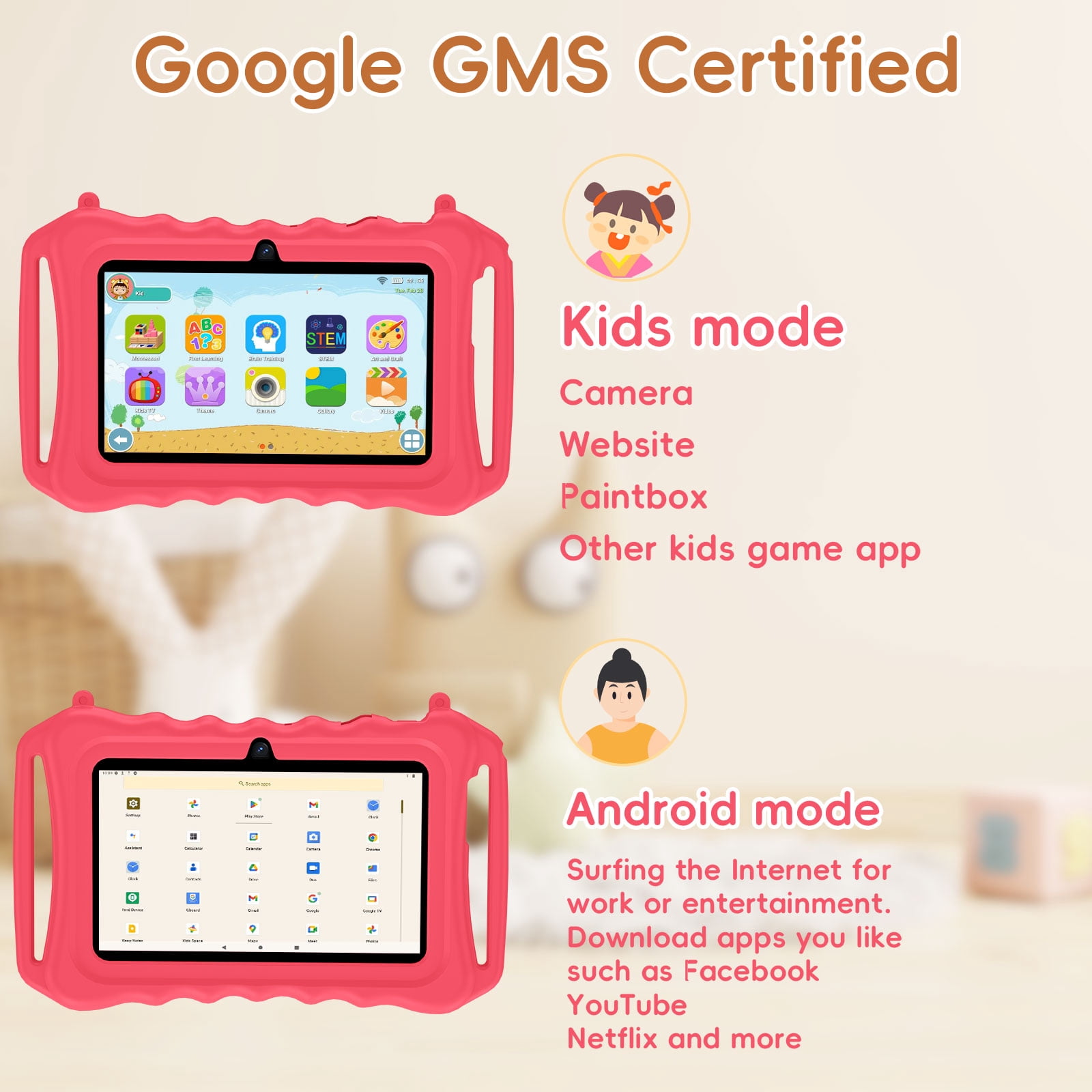 Kids Tablet, 7 inch Android 11 Tablet for Kids, 6(2+4) GB RAM 32GB ROM, Toddler Tablet with Bluetooth, GPS,WiFi,Parental Control, Dual Camera,Shockproof Case,Kids App Pre-Installed