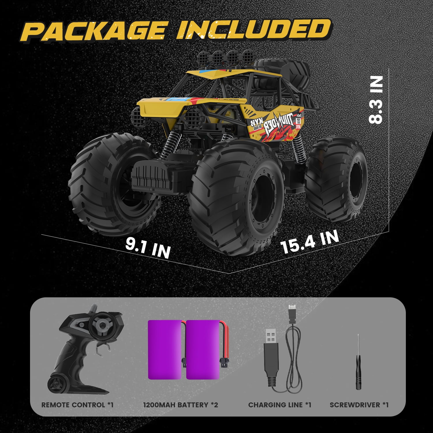 JoyStone 1:10 RC Cars for Kids , 2.4Ghz RC Monster Truck with Light, 2 Batteries, 60+ Mins, Off Road Vehicle for Adults, Yellow