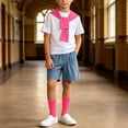 thumbnail image 2 of Boys 4 Pieces Back To School Outfit Round Neck Solid Short Sleeve Tee and Pockets Denim Shorts and Shawl and Knee High Socks Performance Outfits Casual Clothes Set 3-16 Years, 2 of 9