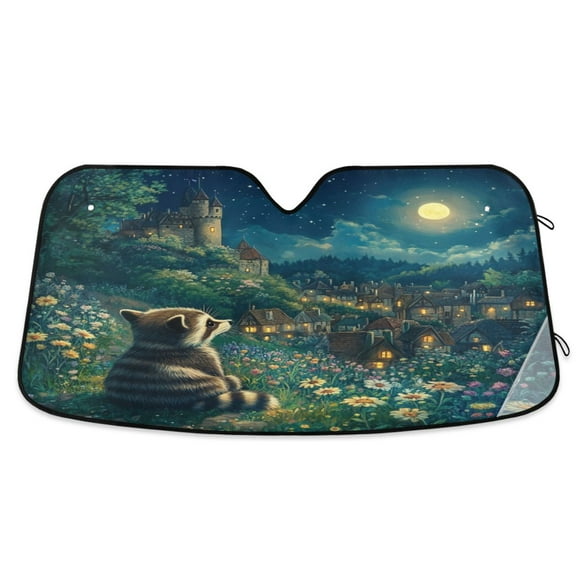Qxltty Raccoon Journey Car Windshield Sunshades Foldable UV Rays Sun Visor Protector Keep Your Vehicle Cool 53×23.5in
