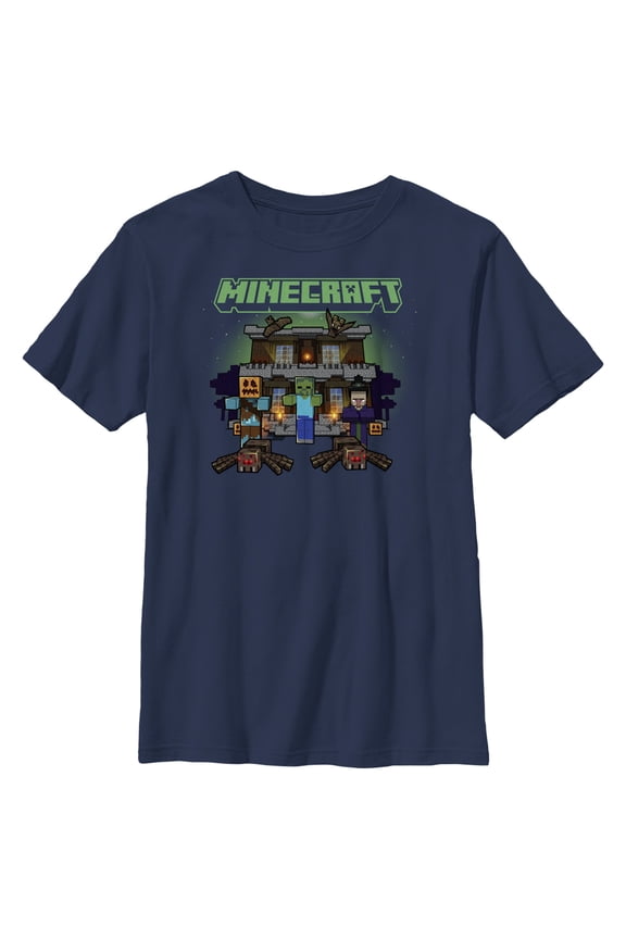 Boy's Minecraft Halloween Creeper Haunted House Graphic Tee Navy Blue Medium
