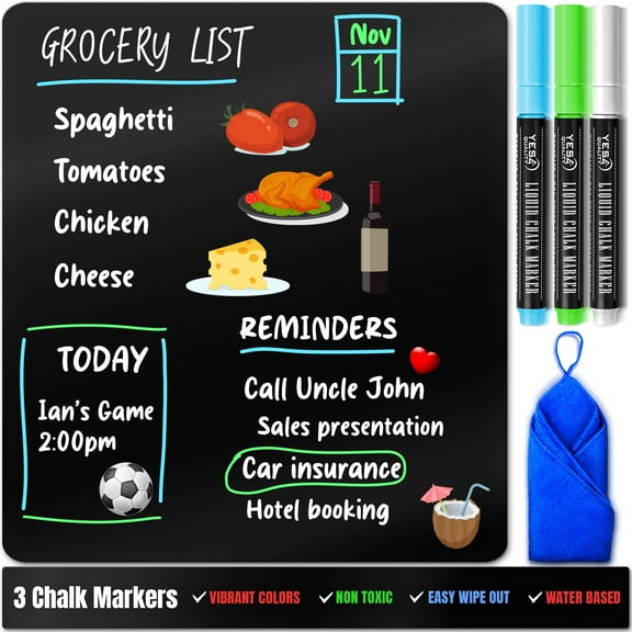 Magnetic Black Dry Erase Board for Fridge W/ Neon Chalk Markers & Cloth Eraser, 12x8" by Yes4Quality