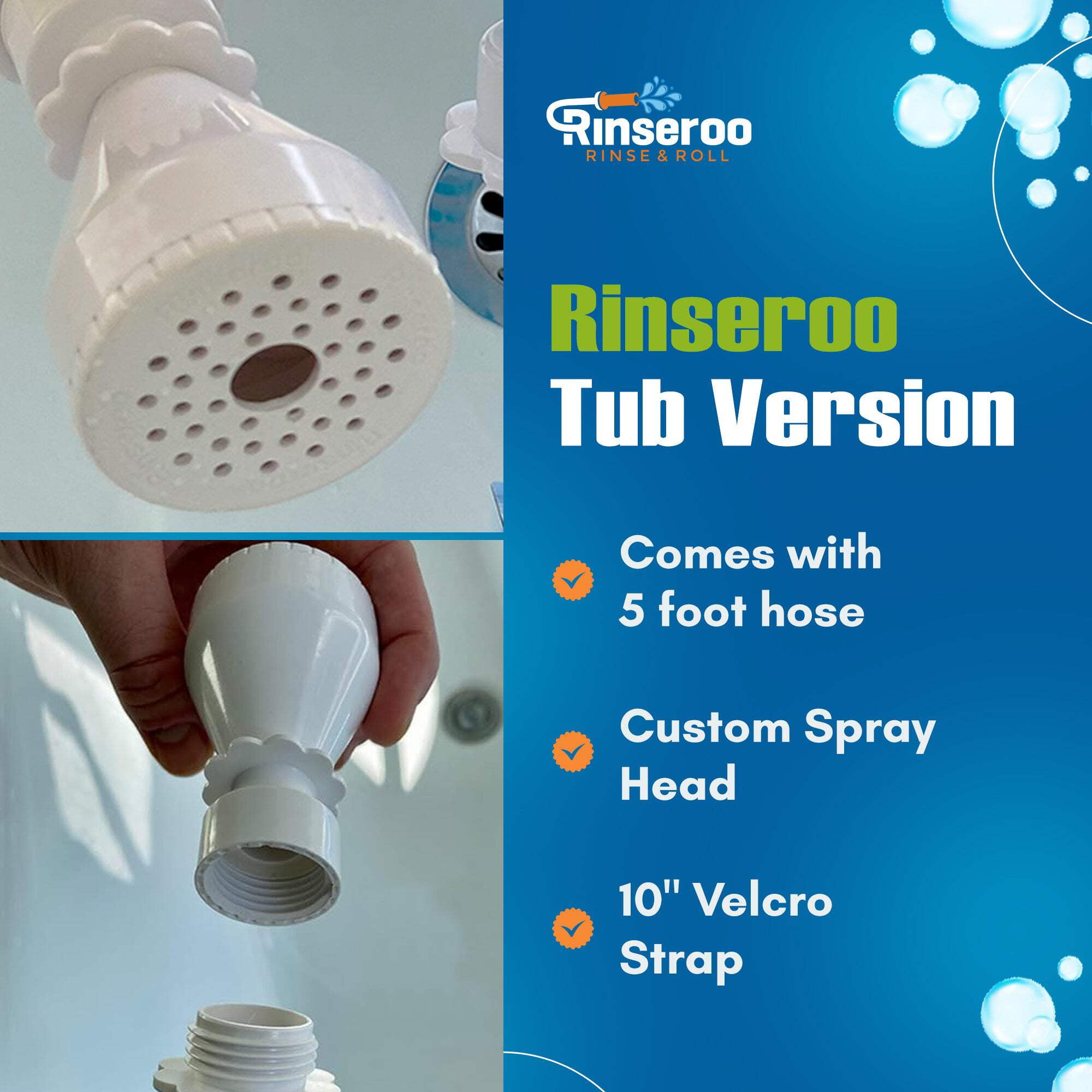 Rinseroo Tub Hose: No-install, Ultra Flex Hose Slips On to Spout for Hair Washing, Baby or Dog Bath. Bathtub Showerhead Attachment. Shower Adapter Faucet. Fits All Spouts Up 3'' Wide