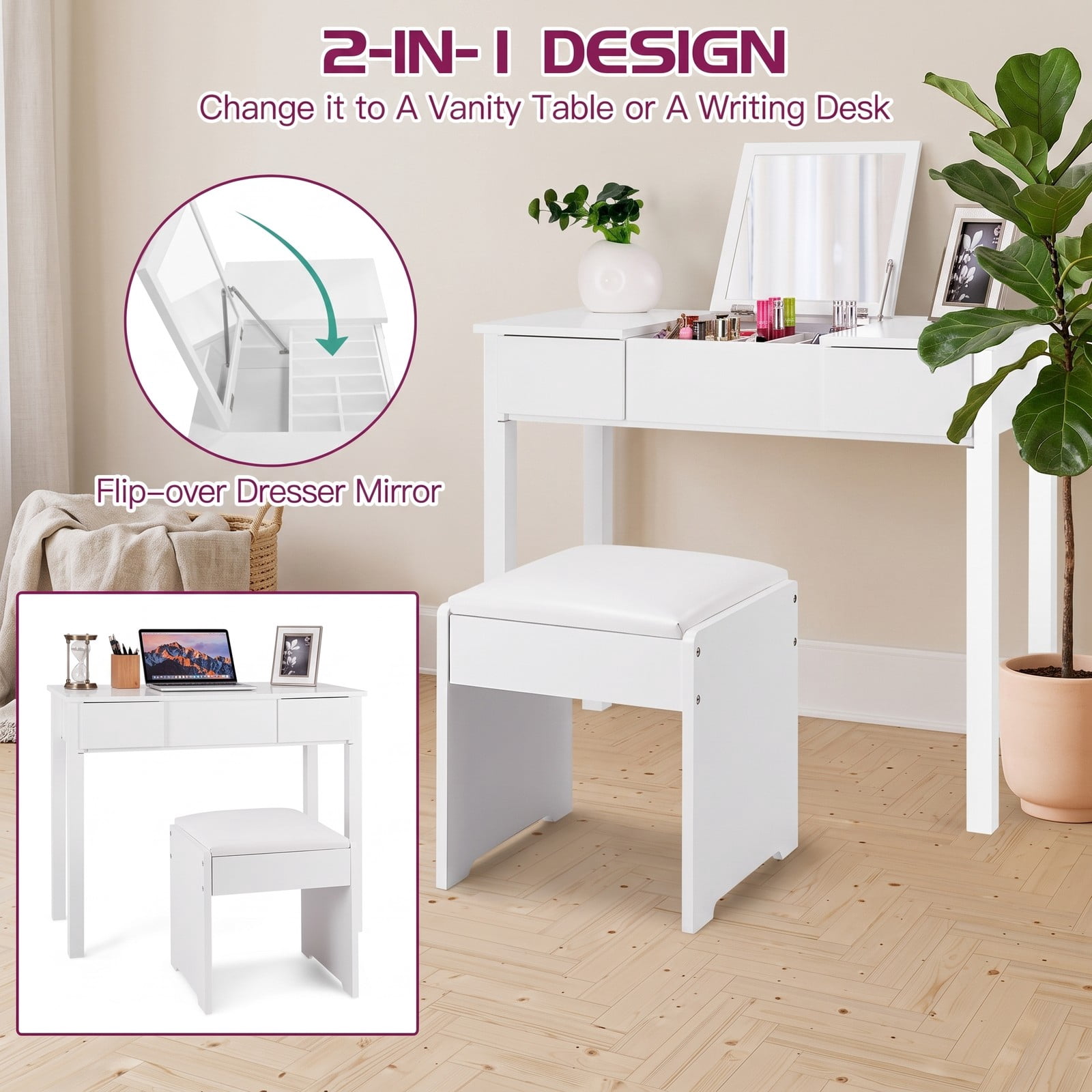 Furnibear Vanity Makeup Dressing Table Set with Flip Top Mirror and Cushioned Stool, Makeup Vanity Desk with 2 Drawers and Hidden Storage, White