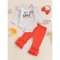 thumbnail image 3 of Baby Toddler Girl Halloween Outfit, 0 3 6 12 Months Ghost Letter Print Long Sleeve Romper Elastic Waist Ruffle Pants Bow Headband 3 Piece Clothing Set, 3 of 9