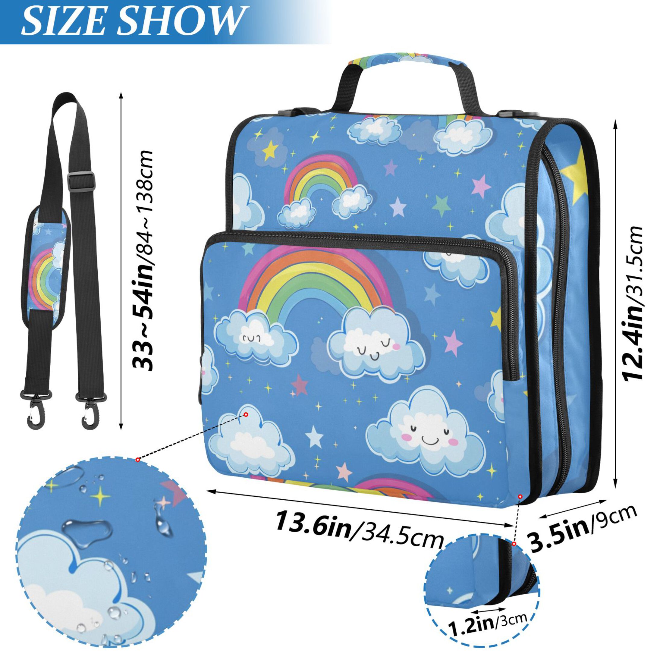 3 Ring Zipper Binder with Shoulder Strap Waterproof Trapper Keeper 2 Inch D-Ring 500 Sheets Capacity Cute Rainbow and Cloud