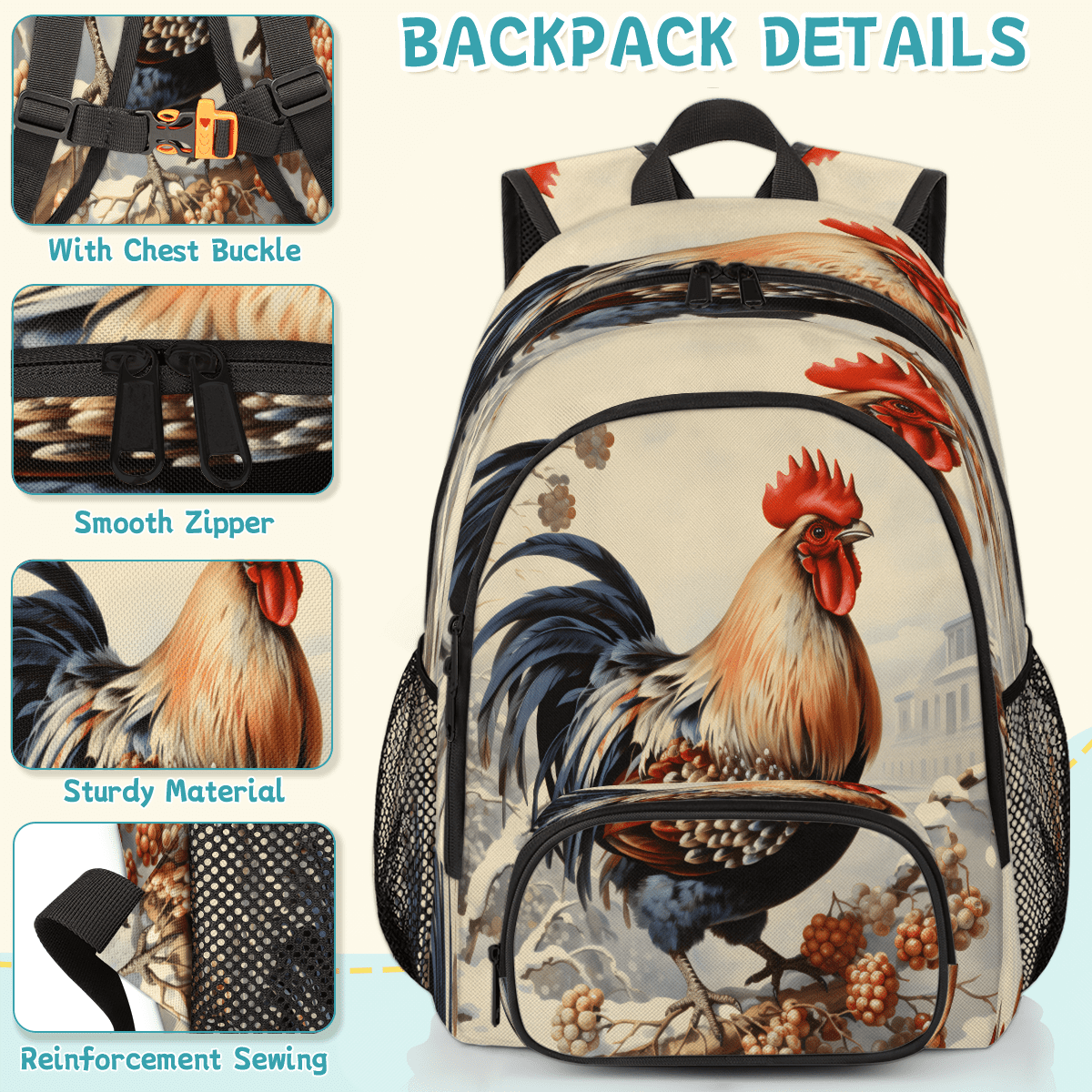Farm Chicken Backpack for Women Teen Girls School Laptop College Polyester Herdesigns Farm Rooster Laptop Backpack for Women Men, 18.3  main image 4