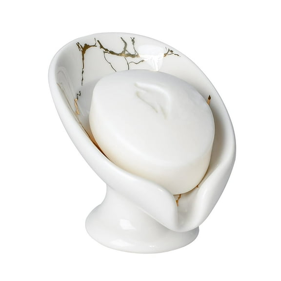 Ceramic Soap Dish with Drainage, Leaf Design Soap Holder for Bathroom Shower Sink, Bar Soap Stand, Hygienic and Decorative, Cream White Gold Marble